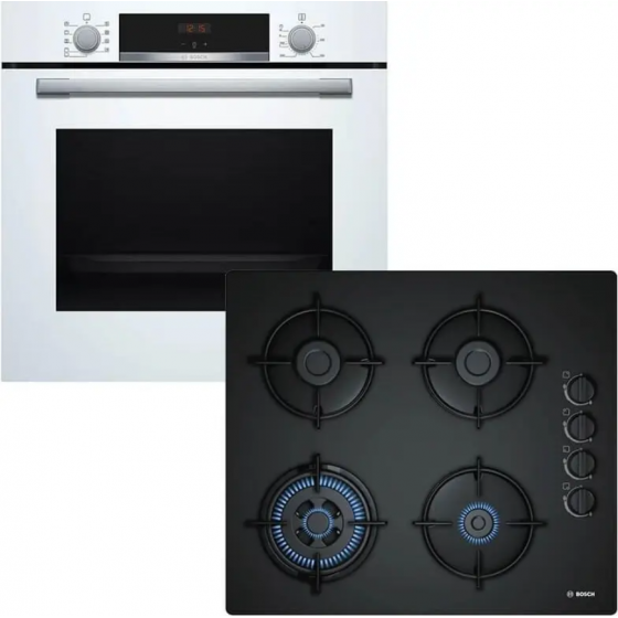 Bosch HBA534BW3 + POH6B6B10 Αυτόνομο Σετ Εντοιχισμού με Εστίες Αερίου Λευκό Α+