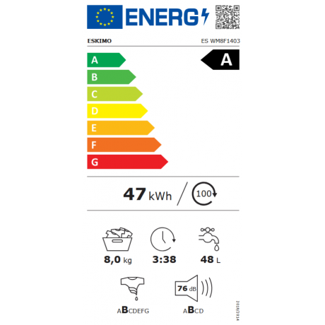 Eskimo WM8F1403 Πλυντήριο Ρούχων Ατμού 8kg 1400 Στροφές Slim 47.5εκ.