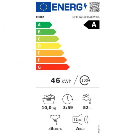 Midea MF110W100BA10W-GR Πλυντήριο Ρούχων Ατμού 10kg 1400 Στροφών