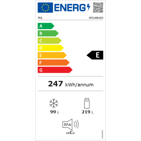 TCL RP318BWE3 Ψυγειοκαταψύκτης 318lt Full No Frost Υ185xΠ59.5xΒ63cm Λευκό
