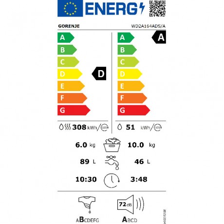 Gorenje WD2A164ADS Πλυντήριο-Στεγνωτήριο Ρούχων 10kg/6kg Ατμού 1400 Στροφές