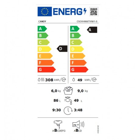 Candy CSOW4966TWM/1-S Πλυντήριο-Στεγνωτήριο Ρούχων 9kg/6kg Ατμού 1400 Στροφές  