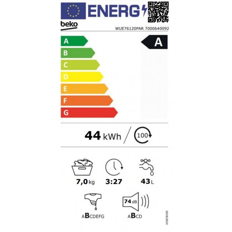 Beko WUE76120PAR Πλυντήριο Ρούχων 7kg 1200 Στροφών